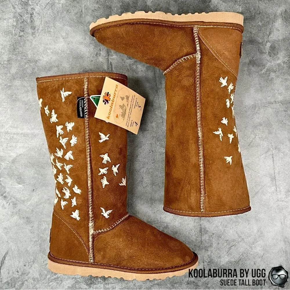 UGG KOOLABURRA PEACE TALL BOOTS CHESTNUT SUEDE SHEEPSKIN FLYING BIRDS DOVE FLOCK
